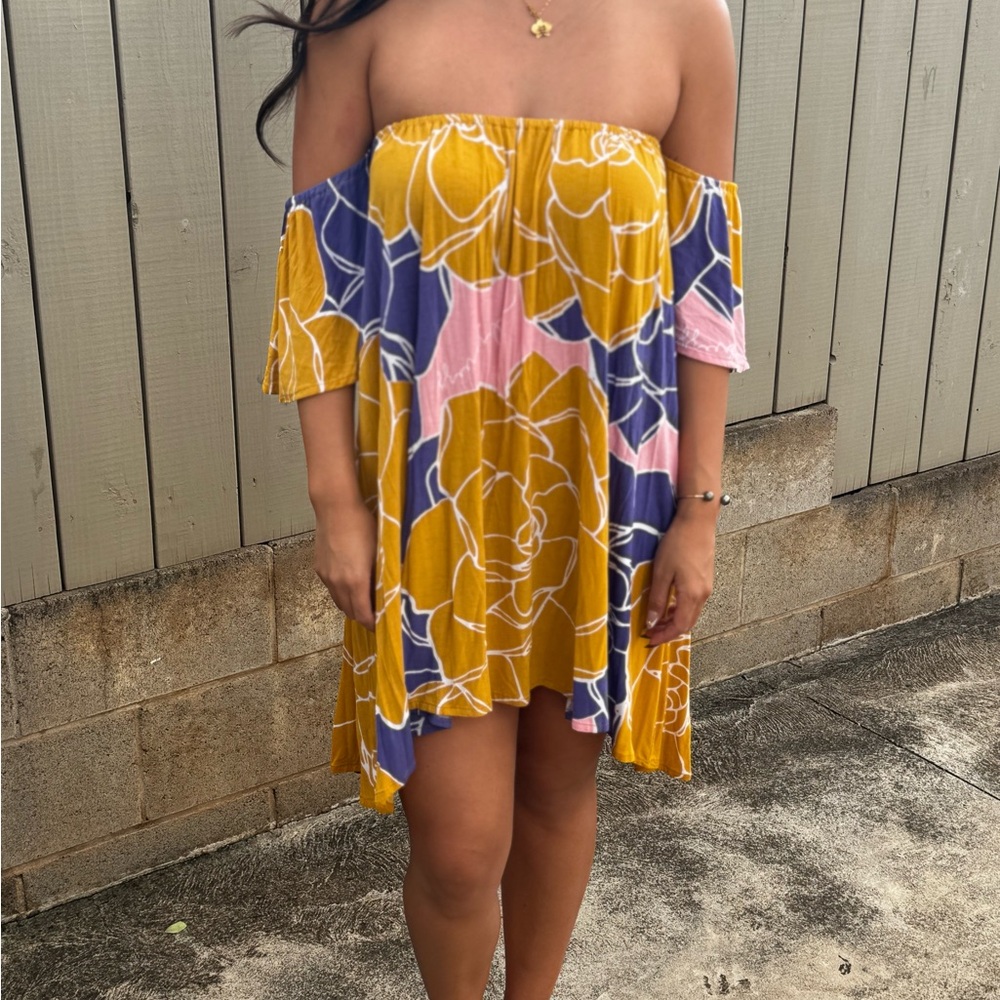 Vibrant Strapless Floral Dress in Yellow, Pink, and Blue